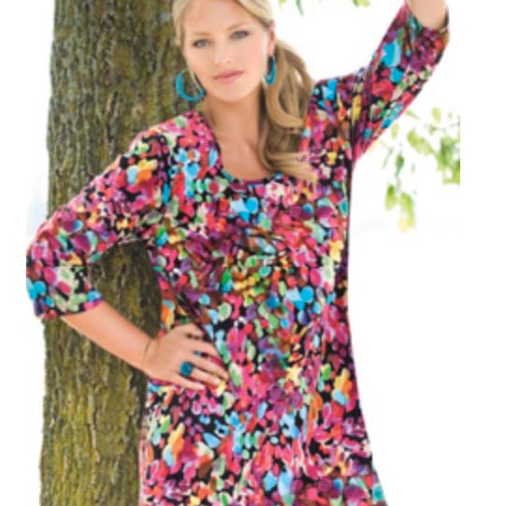 TUNIC, STRETCH, ARTIST PRINT MULTICOLOUR (Pinks, Blues, etc), SIZE 36/38, ROUND